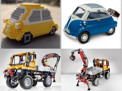 上圖為樂高按1:3比例拼搭的寶馬經(jīng)典微車 Isetta，下圖為樂高拼砌的奔馳 Unimog U 400工程車。