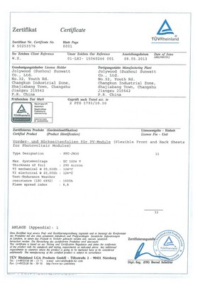 德國(guó)萊茵TUV向蘇州中來光伏新材股份有限公司頒發(fā)大中華區(qū)首張?zhí)柲鼙嘲遄C書